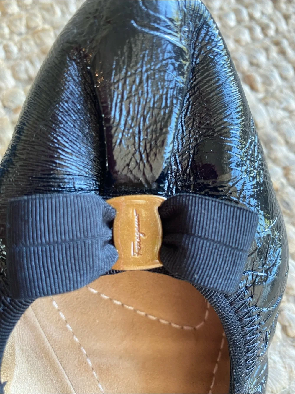 Salvatore Ferragamo Black Patent Leather Bow Ballet Flats